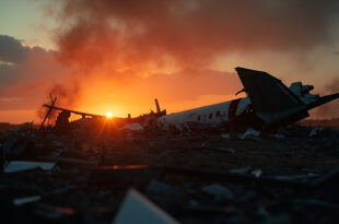 Scattered airplane wreckage including broken wing in desolate field at dusk, aftermath of aviation disaster