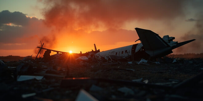 Scattered airplane wreckage including broken wing in desolate field at dusk, aftermath of aviation disaster