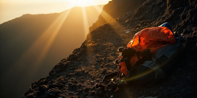 Empty mountain trail with abandoned hiking equipment at cliff edge in desolate Mount Rinjani volcanic crater landscape
