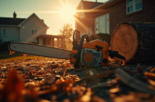 Abandoned orange chainsaw lying beside a cut tree trunk in a residential yard with scattered wood debris