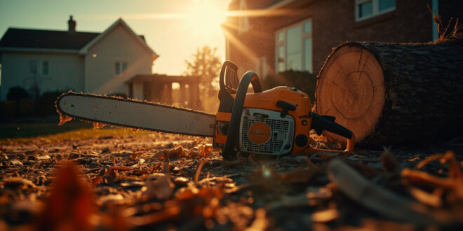 Abandoned orange chainsaw lying beside a cut tree trunk in a residential yard with scattered wood debris