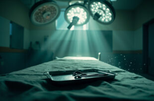Abandoned operating theater with empty surgical table under bright lights, surgical instruments left on metal tray