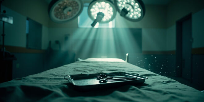 Abandoned operating theater with empty surgical table under bright lights, surgical instruments left on metal tray