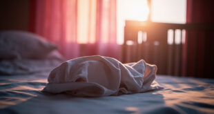 Empty hospital bassinet beside window at dawn, with unopened pink blanket on nearby bed in quiet maternity room