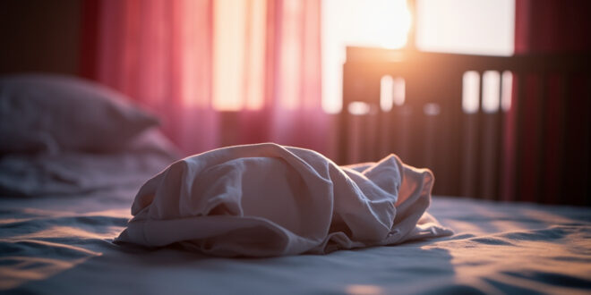 Empty hospital bassinet beside window at dawn, with unopened pink blanket on nearby bed in quiet maternity room