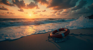 Abandoned life preserver on empty Florida beach at sunset with rough ocean waves and deep blue water contrasting orange sky