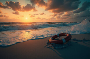 Abandoned life preserver on empty Florida beach at sunset with rough ocean waves and deep blue water contrasting orange sky