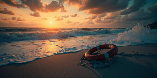 Abandoned life preserver on empty Florida beach at sunset with rough ocean waves and deep blue water contrasting orange sky