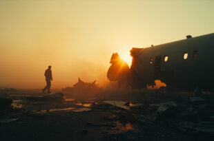 Twisted metal debris from aircraft wreckage scattered across abandoned airport tarmac at dawn, shrouded in morning mist