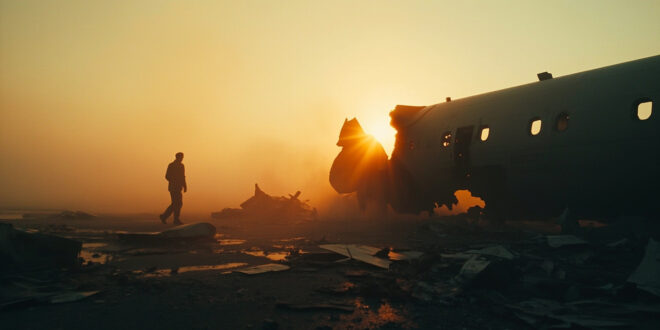 Twisted metal debris from aircraft wreckage scattered across abandoned airport tarmac at dawn, shrouded in morning mist