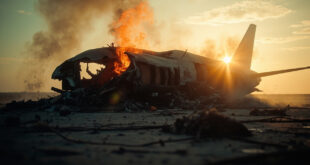 Boeing 787 wreckage scattered across abandoned runway at dusk, with charred debris and flames illuminating the crash site