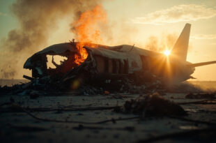 Boeing 787 wreckage scattered across abandoned runway at dusk, with charred debris and flames illuminating the crash site