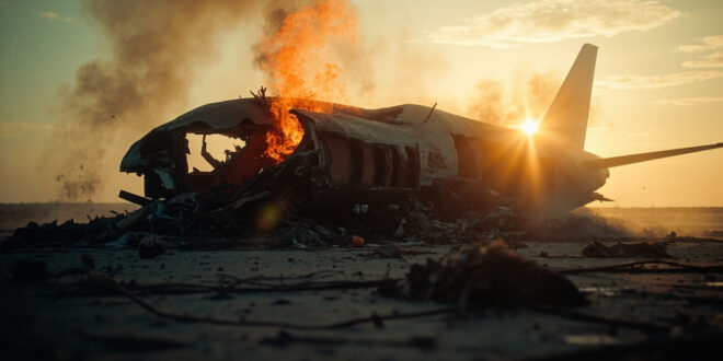 Boeing 787 wreckage scattered across abandoned runway at dusk, with charred debris and flames illuminating the crash site