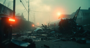 Aircraft wreckage scattered among power lines in foggy residential neighborhood at dawn with emergency lights visible