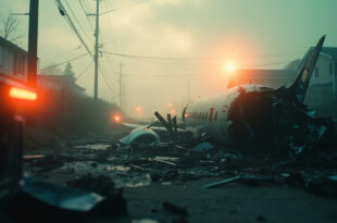 Aircraft wreckage scattered among power lines in foggy residential neighborhood at dawn with emergency lights visible
