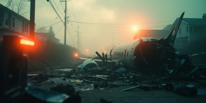 Aircraft wreckage scattered among power lines in foggy residential neighborhood at dawn with emergency lights visible