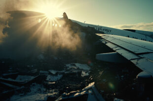 Boeing aircraft wreckage scattered across crash site, featuring a broken wing amid charred debris in morning light