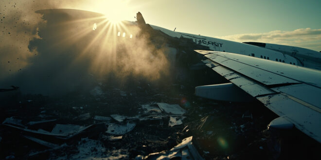 Boeing aircraft wreckage scattered across crash site, featuring a broken wing amid charred debris in morning light