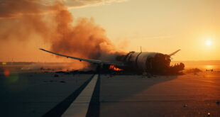 Boeing 787 aircraft wreckage with damaged wing amid debris and flames on empty airport runway at dusk