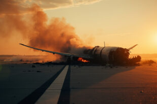 Boeing 787 aircraft wreckage with damaged wing amid debris and flames on empty airport runway at dusk