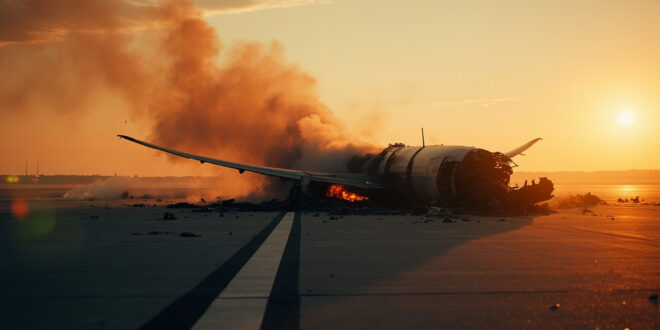 Boeing 787 aircraft wreckage with damaged wing amid debris and flames on empty airport runway at dusk