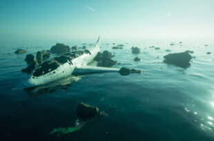 Aircraft wreckage debris floating on calm blue Pacific Ocean waters off California coast after aviation incident