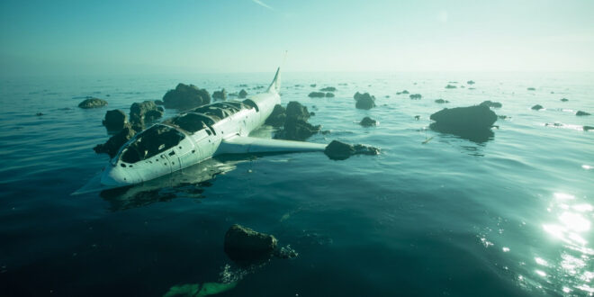 Aircraft wreckage debris floating on calm blue Pacific Ocean waters off California coast after aviation incident