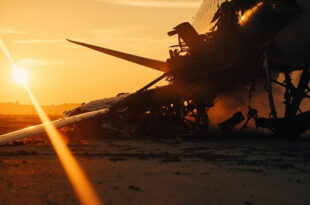 Empty commercial aircraft wreckage with damaged wing debris on abandoned airport tarmac at dusk, illuminated by flames