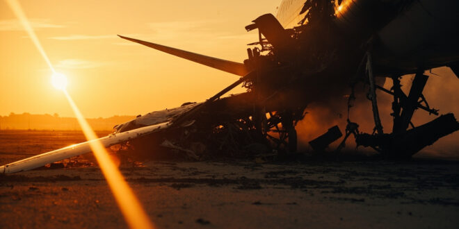 Empty commercial aircraft wreckage with damaged wing debris on abandoned airport tarmac at dusk, illuminated by flames