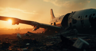 Aircraft wreckage scattered across empty crash site in morning light, damaged wing and broken fuselage amid debris field