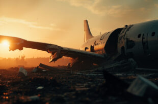 Aircraft wreckage scattered across empty crash site in morning light, damaged wing and broken fuselage amid debris field