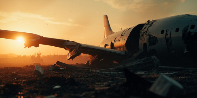 Aircraft wreckage scattered across empty crash site in morning light, damaged wing and broken fuselage amid debris field