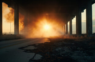 Abandoned highway bridge with extensive fire damage and burn marks, smoke rising from the structure at dusk