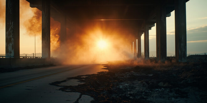 Abandoned highway bridge with extensive fire damage and burn marks, smoke rising from the structure at dusk