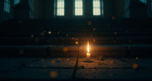 A single memorial candle flickers on empty church steps at twilight, casting soft golden light against deep shadows