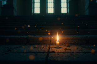 A single memorial candle flickers on empty church steps at twilight, casting soft golden light against deep shadows
