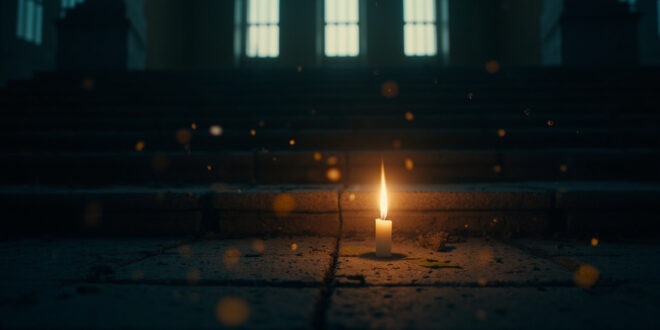 A single memorial candle flickers on empty church steps at twilight, casting soft golden light against deep shadows