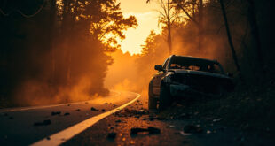 Abandoned, damaged vehicle wreckage scattered along a curved forest road at dusk, illuminated by amber light