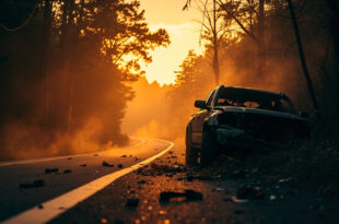Abandoned, damaged vehicle wreckage scattered along a curved forest road at dusk, illuminated by amber light