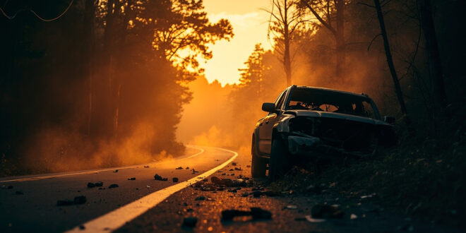 Abandoned, damaged vehicle wreckage scattered along a curved forest road at dusk, illuminated by amber light