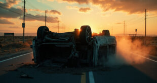 Overturned car wreckage at empty road intersection at dusk, illuminated by muted orange light creating a somber memorial scene