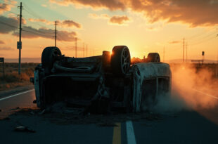 Overturned car wreckage at empty road intersection at dusk, illuminated by muted orange light creating a somber memorial scene