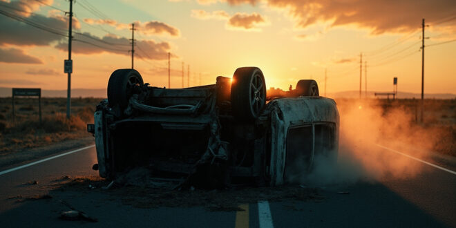 Overturned car wreckage at empty road intersection at dusk, illuminated by muted orange light creating a somber memorial scene