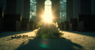 Unused wedding rings and wilted bridal bouquet abandoned on empty altar in twilight chapel, symbolizing tragic loss
