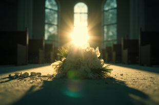 Unused wedding rings and wilted bridal bouquet abandoned on empty altar in twilight chapel, symbolizing tragic loss