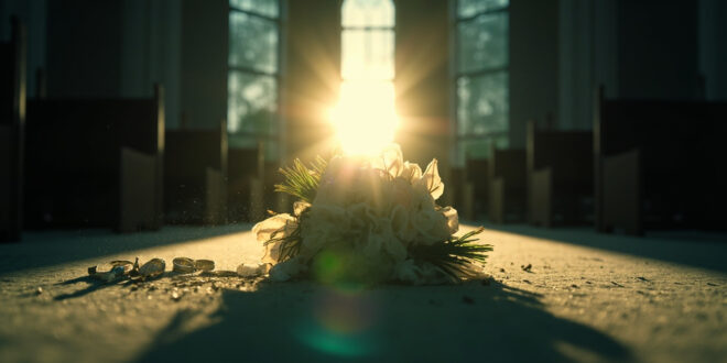 Unused wedding rings and wilted bridal bouquet abandoned on empty altar in twilight chapel, symbolizing tragic loss
