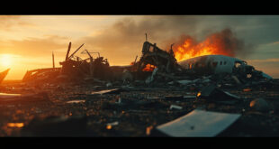 Broken aircraft fuselage surrounded by scattered debris at abandoned airport crash site with charcoal and orange flames