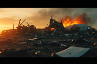 Broken aircraft fuselage surrounded by scattered debris at abandoned airport crash site with charcoal and orange flames