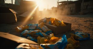 Abandoned humanitarian aid packages scattered across empty courtyard of deserted distribution center at dawn