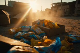 Abandoned humanitarian aid packages scattered across empty courtyard of deserted distribution center at dawn